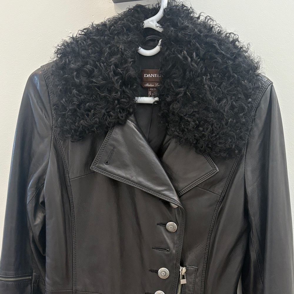 Authentic Danier Real Leather Long Jacket with Real Lamb Fur Collar Size XS